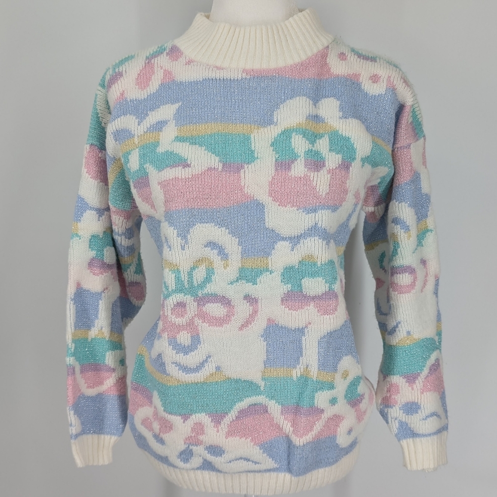Vintage 90s Spunky Pastel Pink Purple Blue White Glitter Floral Sweater Medium